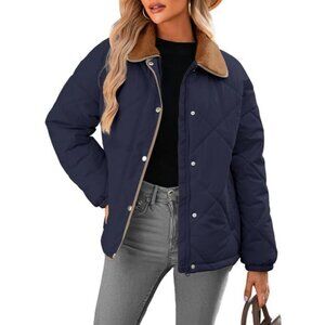 Women's Navy Blue Puffer Jackets Coats Long Sleeve Winter Warm Button Outerwear